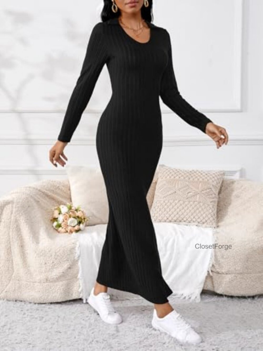 Long Sleeve V Neck Maxi Sweater Dress Sexy Bodycon Ribbed Knit - Picture 1 of 5